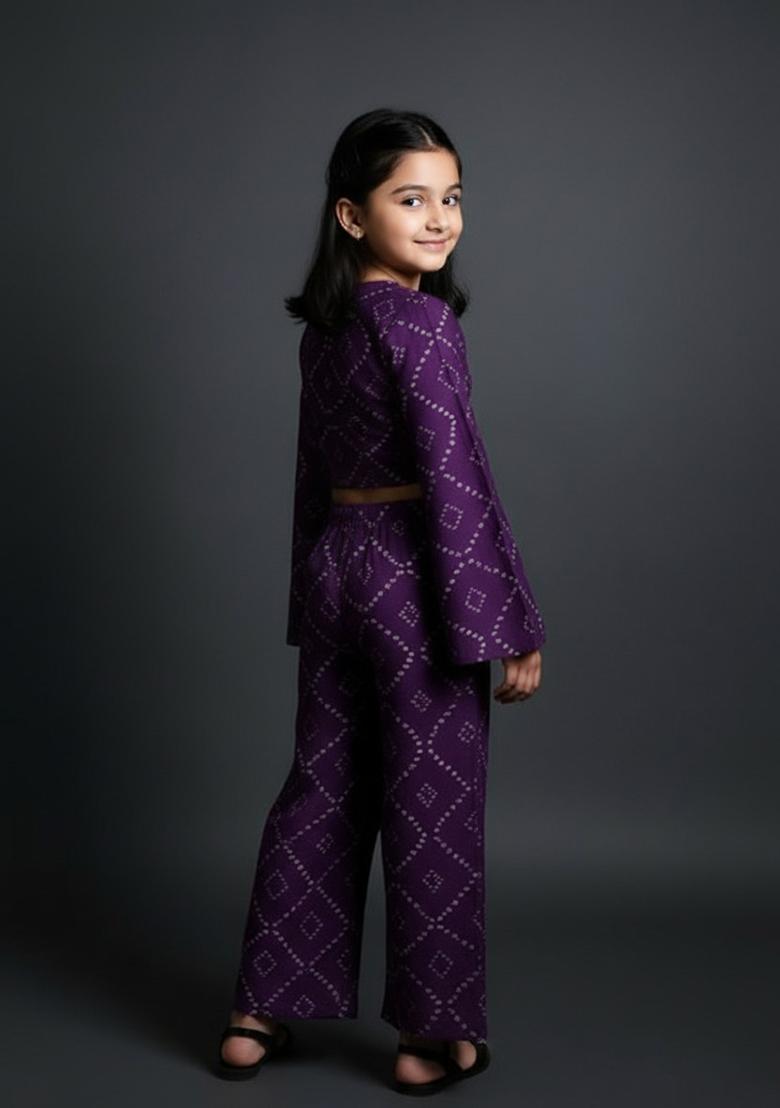 Purple Brocade Co-Ord Set For Girls - Indya