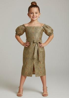 Grey Brocade Fusion Set For Girls