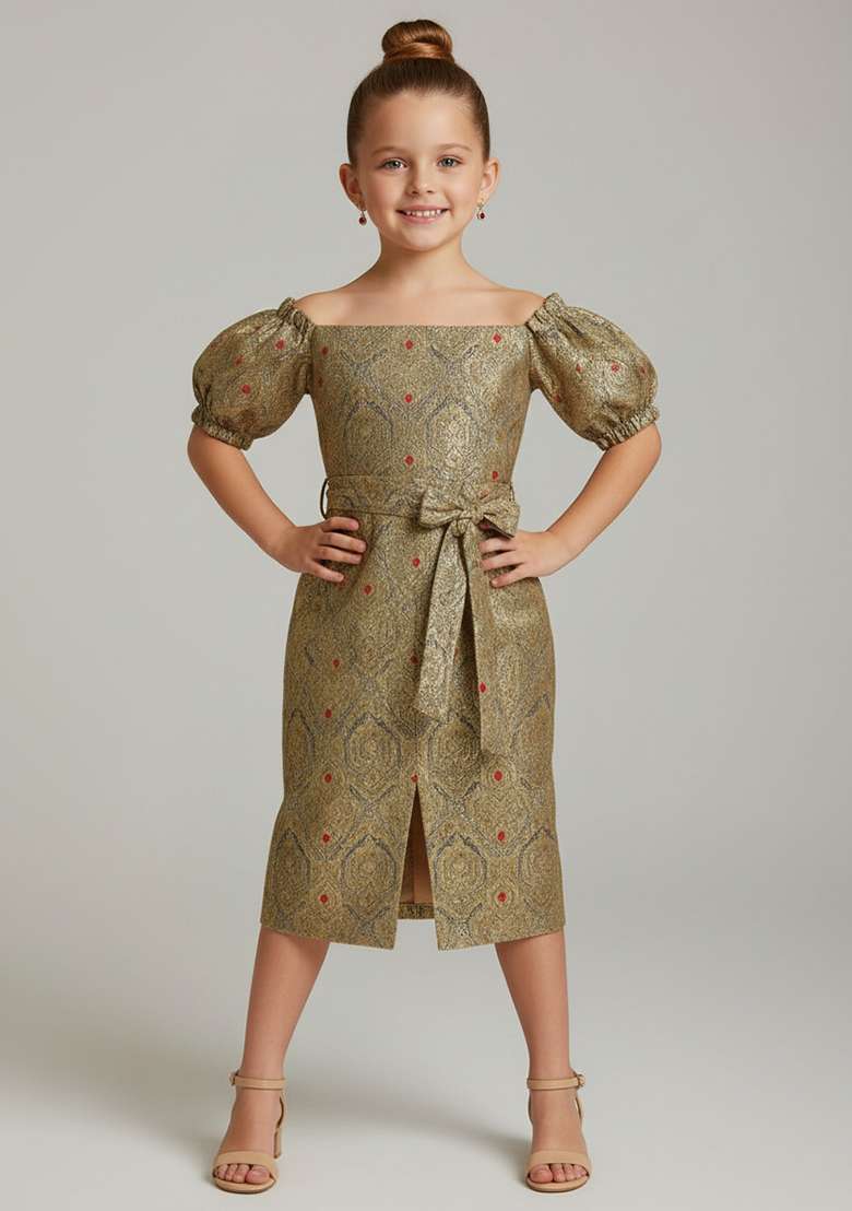 Grey Brocade Fusion Set For Girls - Indya