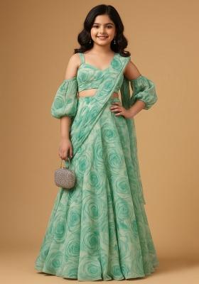 Sea Green Chinon Floral Print Pre Draped Saree Set For Girls