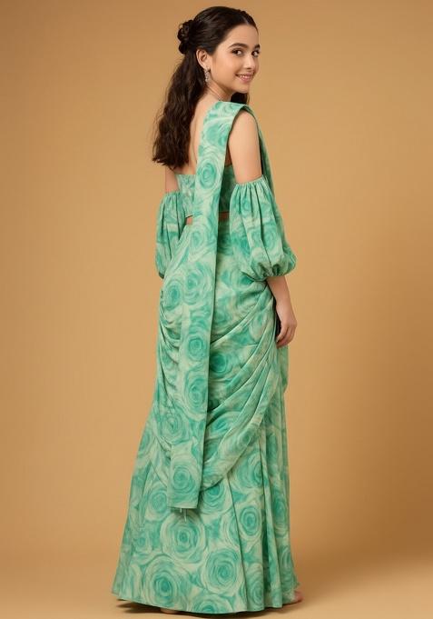 Sea Green Chinon Floral Print Pre Draped Saree Set For Girls