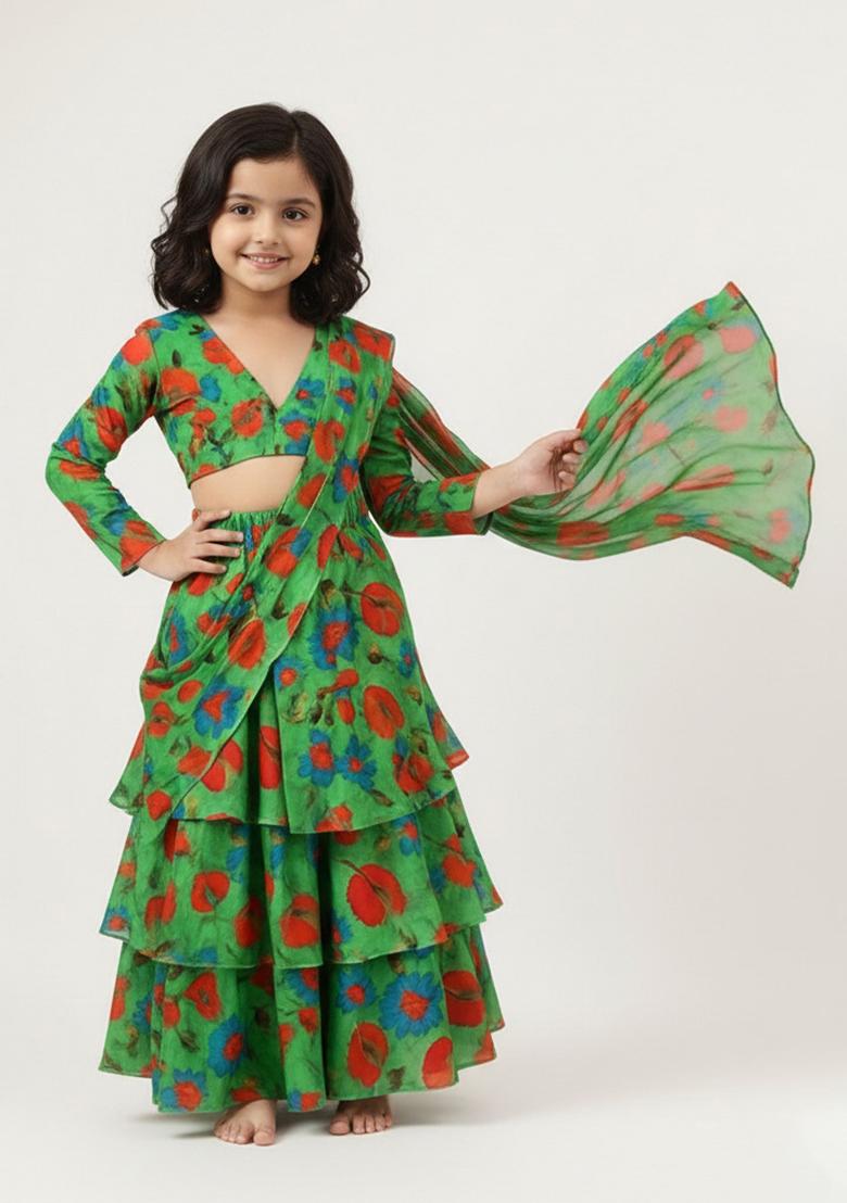 Green Chinon Floral Print Pre Draped Saree Set For Girls