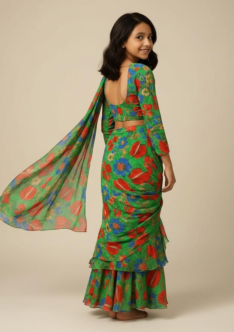 Green Chinon Floral Print Pre Draped Saree Set For Girls