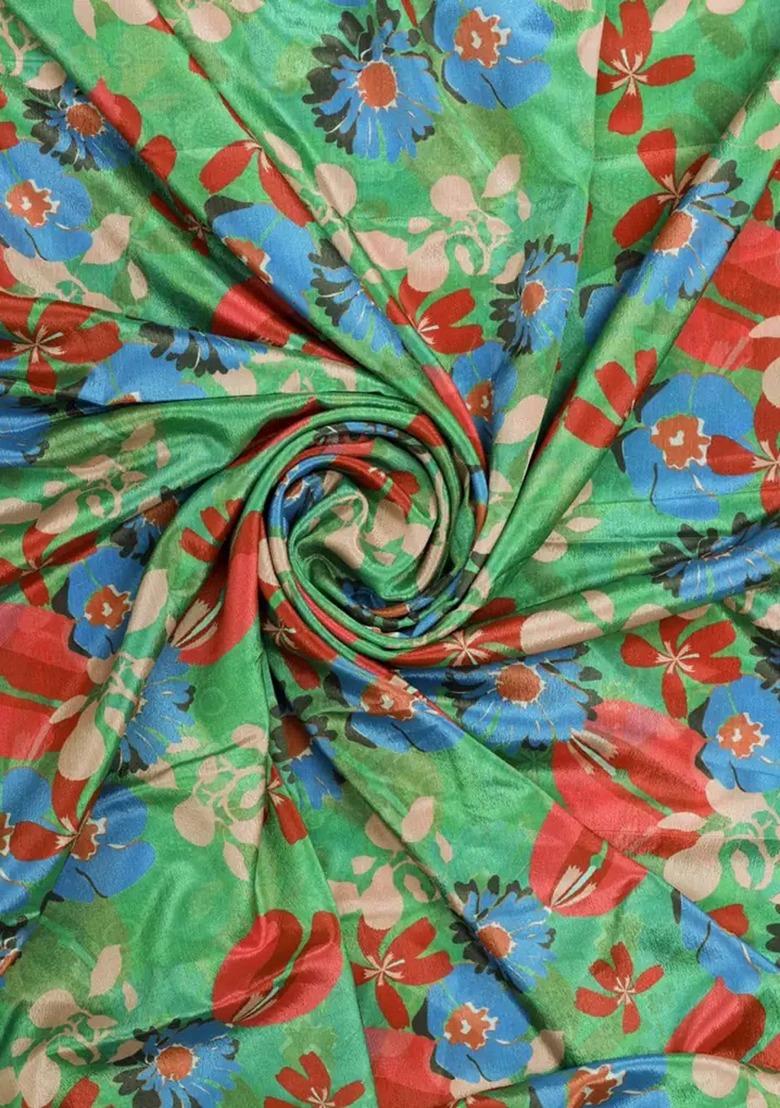 Green Chinon Floral Print Pre Draped Saree Set For Girls