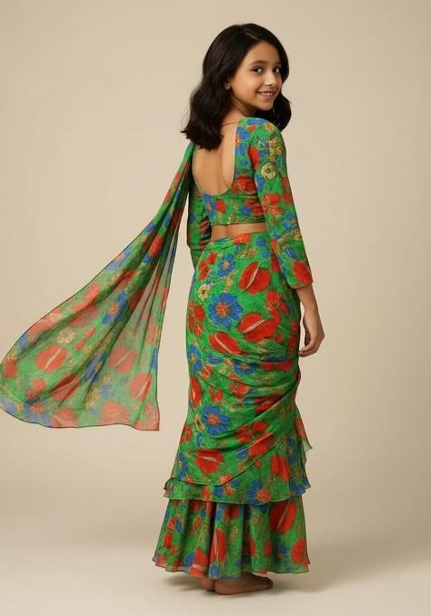 Green Chinon Floral Print Pre Draped Saree Set For Girls