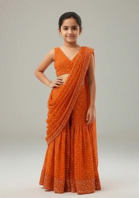 Girls Orange Embroidered Georgette Fusion Set