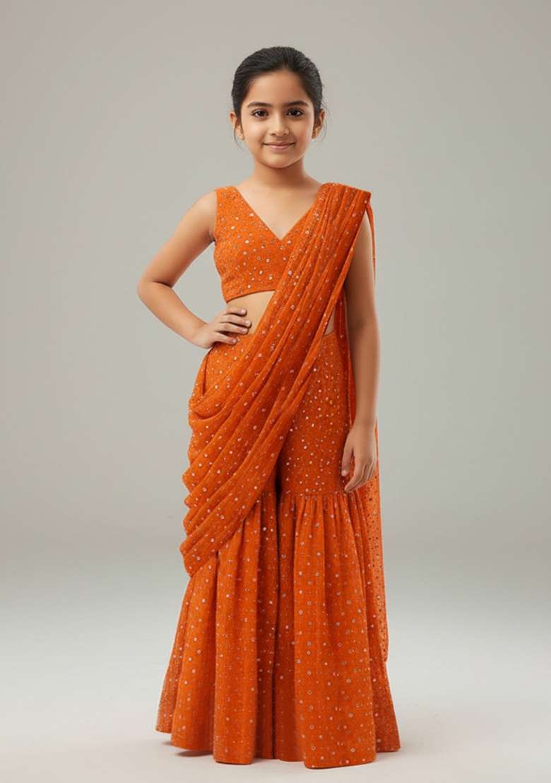 Girls Orange Embroidered Georgette Fusion Set - Indya