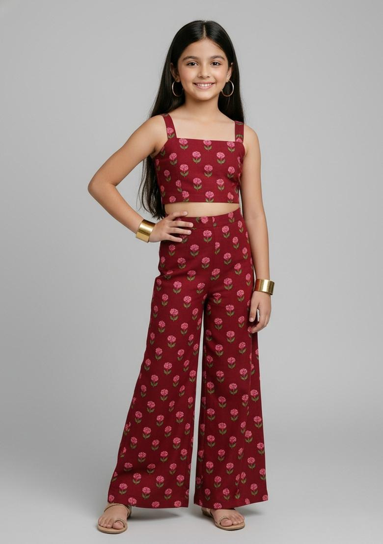 Girls Maroon Floral Print Chanderi Fusion Set