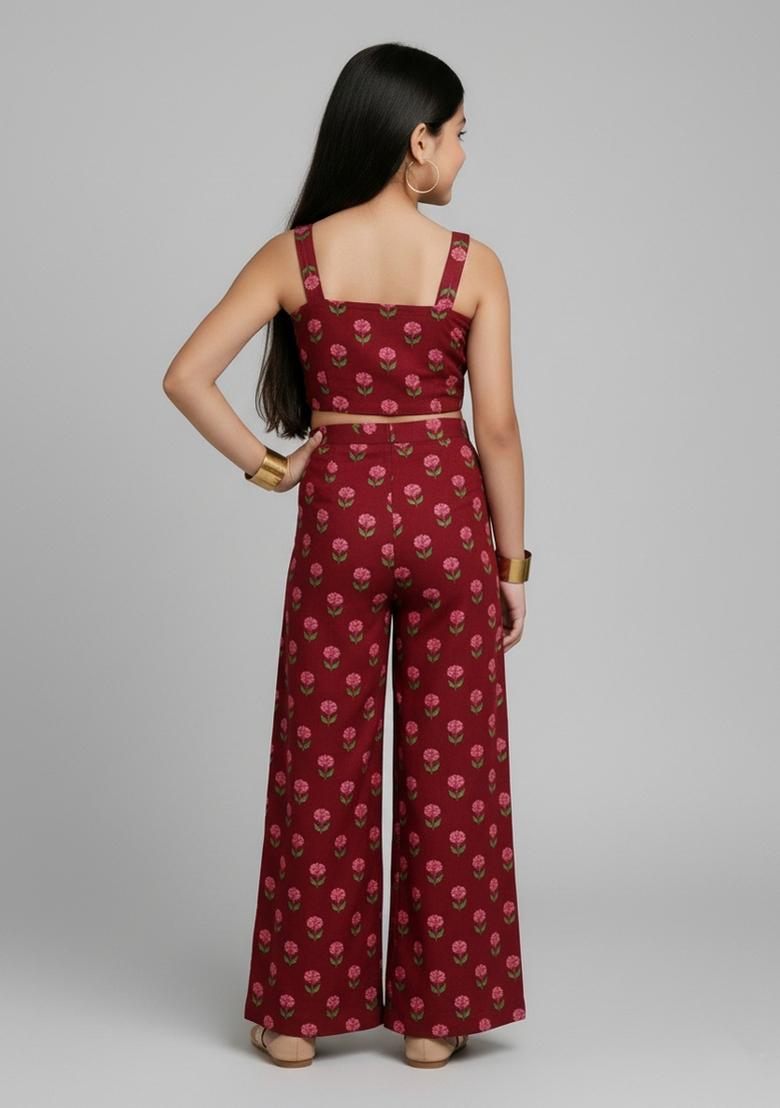 Girls Maroon Floral Print Chanderi Fusion Set