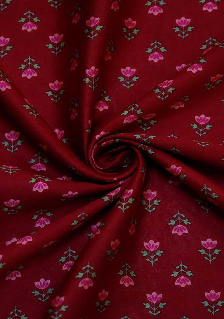 Girls Maroon Floral Print Chanderi Fusion Set