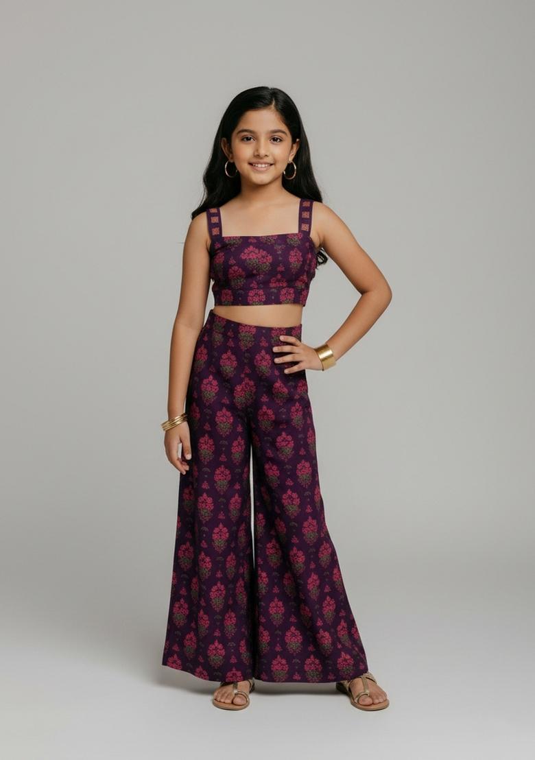 Girls Purple Floral Print Chanderi Fusion Set - Indya
