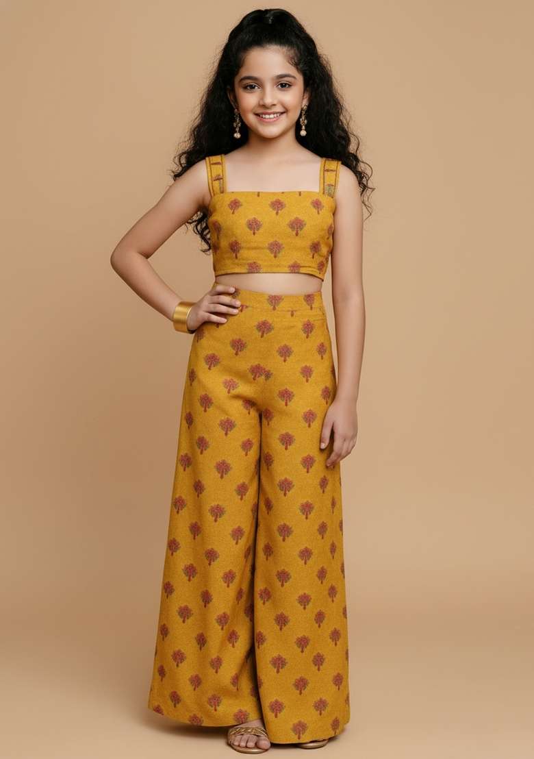 Girls Yellow Floral Print Chanderi Fusion Set - Indya