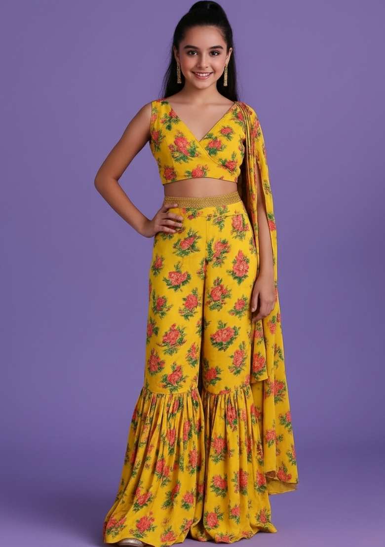Girls Yellow Floral Print Satin Fusion Set - Indya