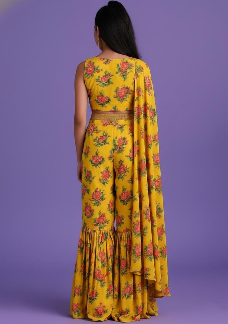 Girls Yellow Floral Print Satin Fusion Set - Indya