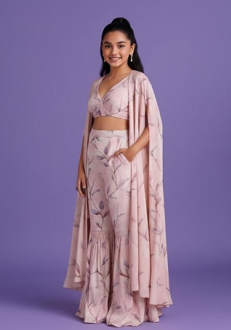 Girls Pink Floral Print Satin Fusion Set