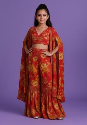 Girls Brown Floral Print Satin Fusion Set