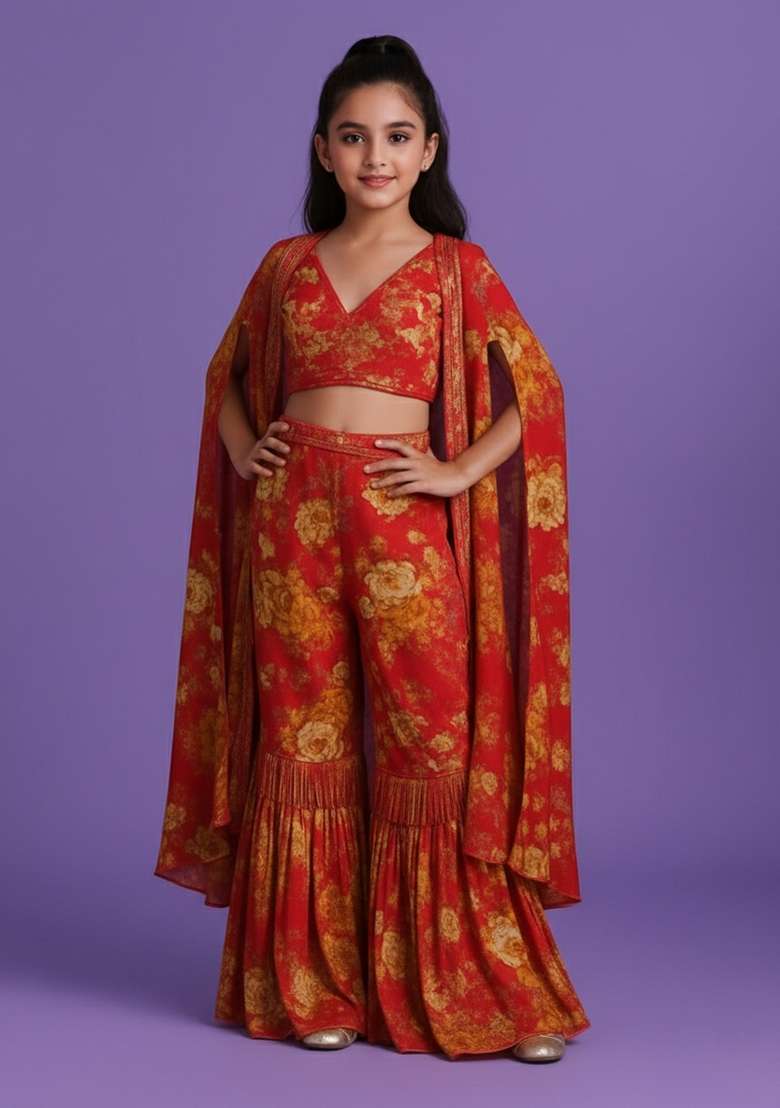 Girls Brown Floral Print Satin Fusion Set - Indya