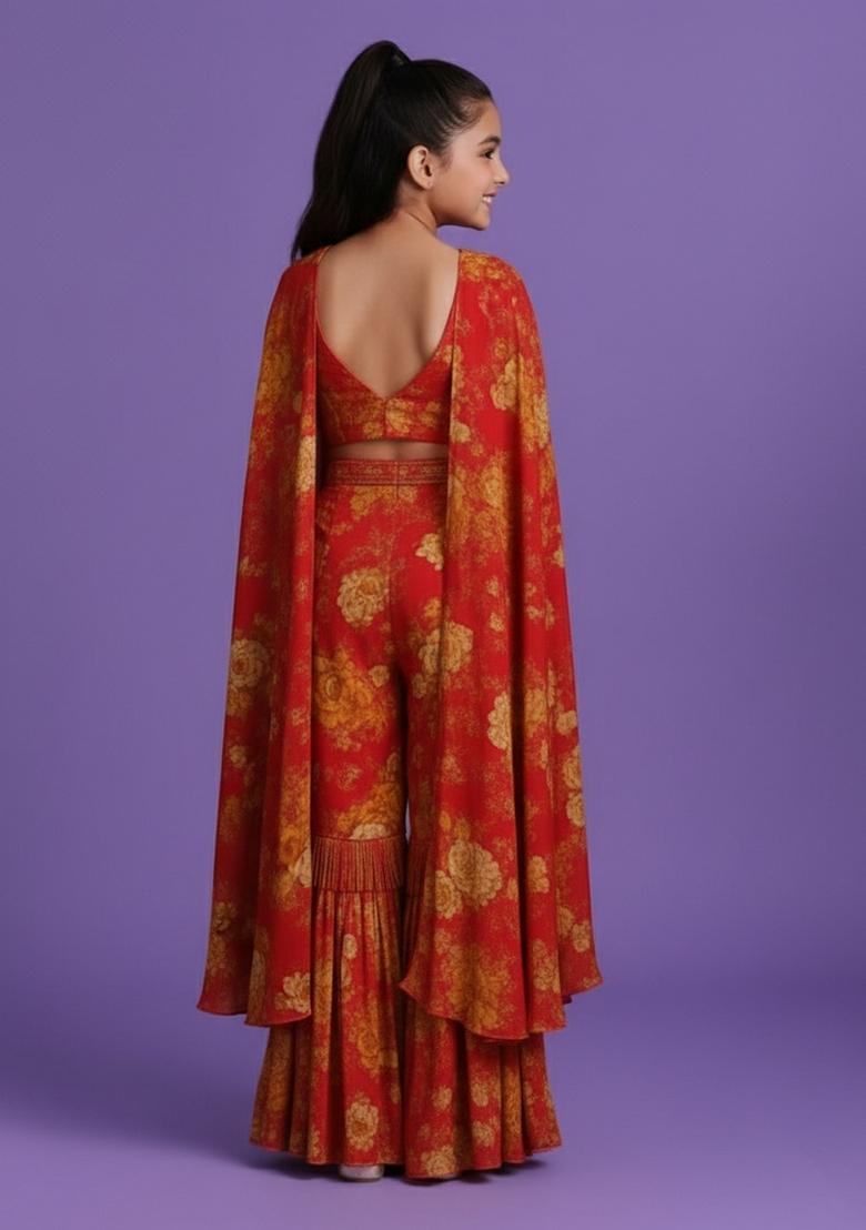 Girls Brown Floral Print Satin Fusion Set - Indya