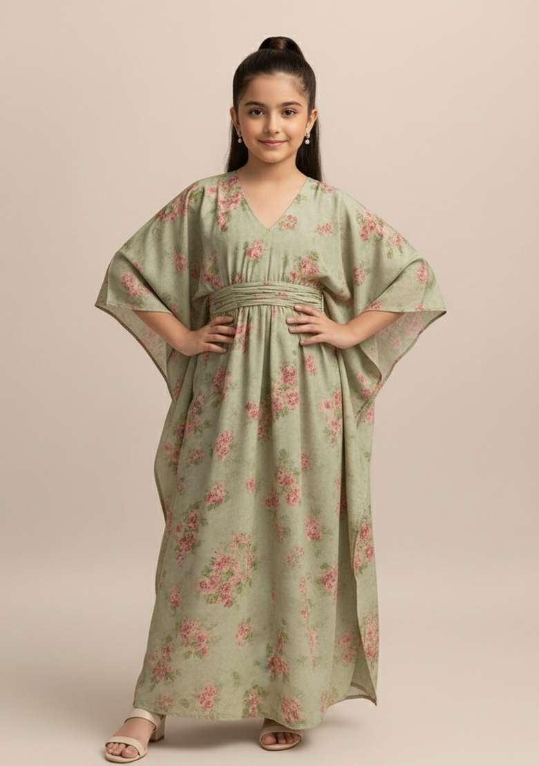 Girls Grey Floral Print Satin Fusion Set - Indya