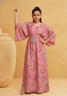 Girls Pink Floral Print Satin Fusion Set