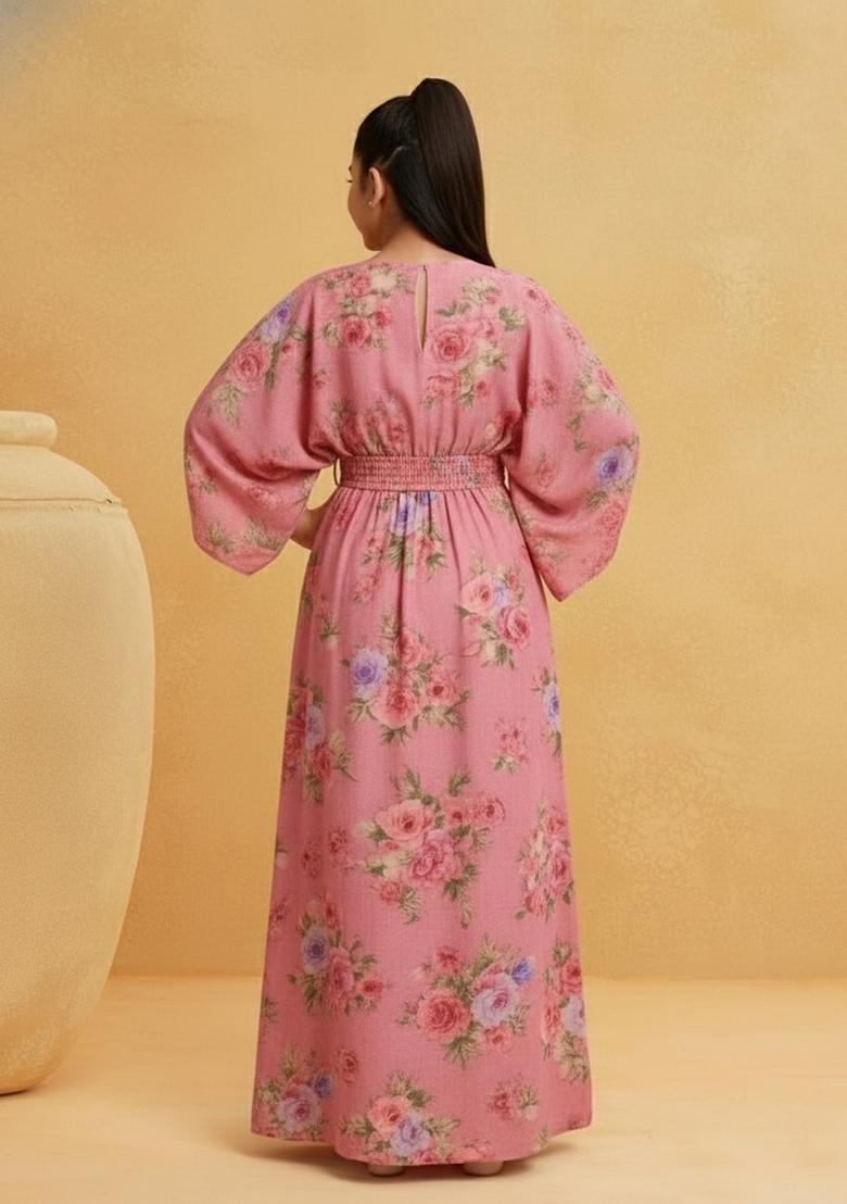 Girls Pink Floral Print Satin Fusion Set - Indya