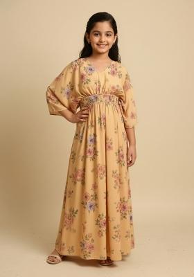 Girls Beige Floral Print Satin Fusion Set