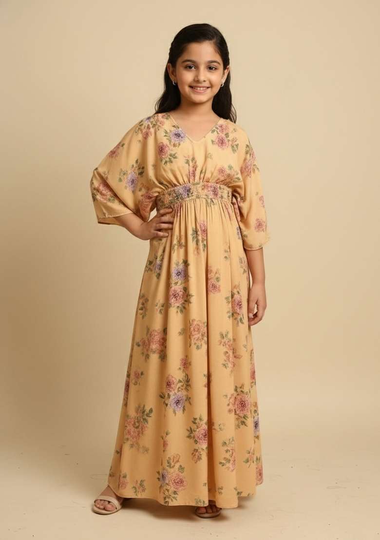 Girls Beige Floral Print Satin Fusion Set - Indya