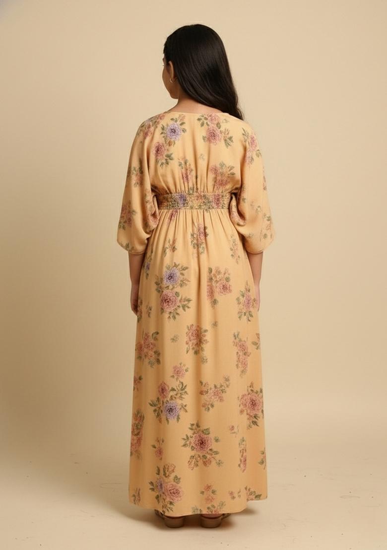 Girls Beige Floral Print Satin Fusion Set - Indya