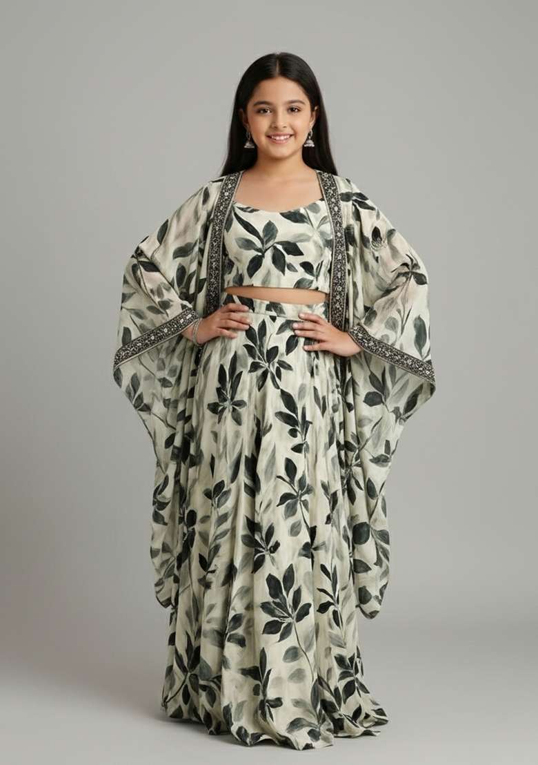 Girls Beige Floral Print Satin Fusion Set - Indya