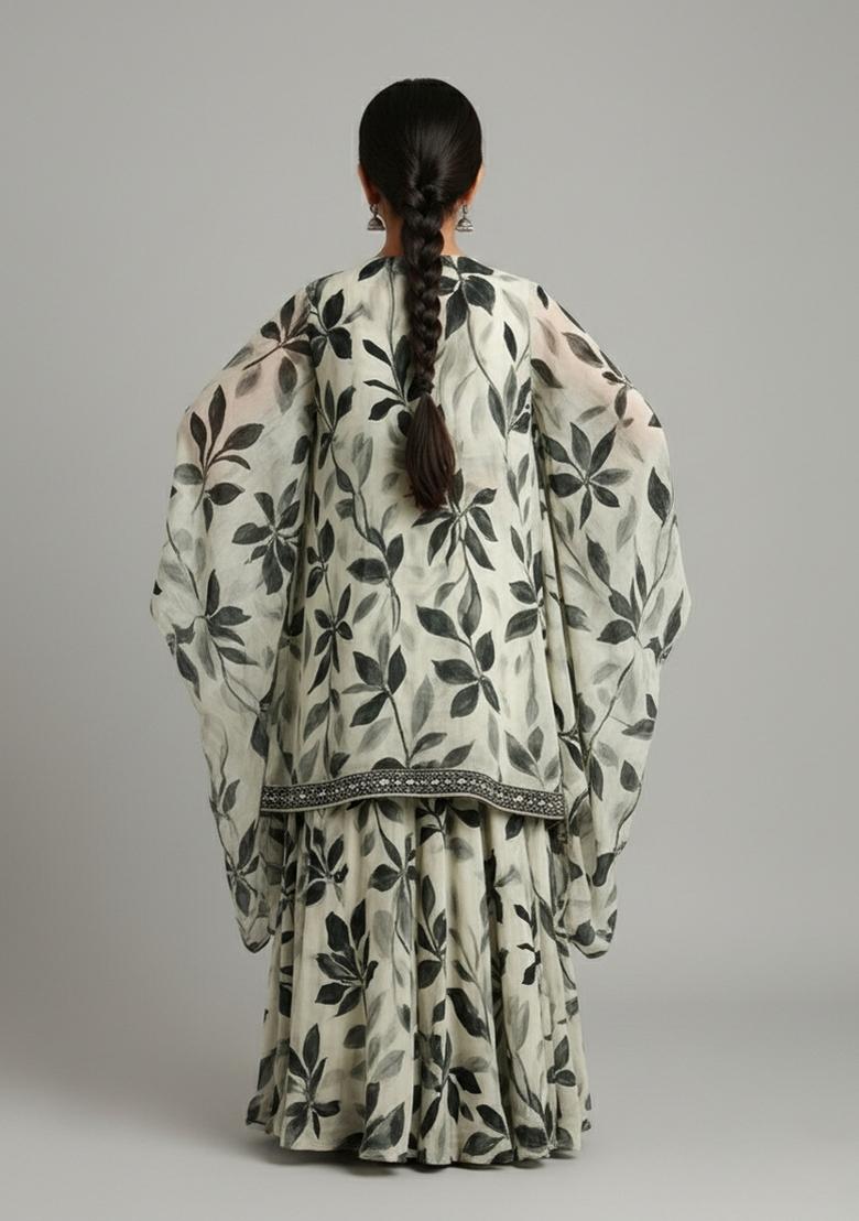 Girls Beige Floral Print Satin Fusion Set - Indya