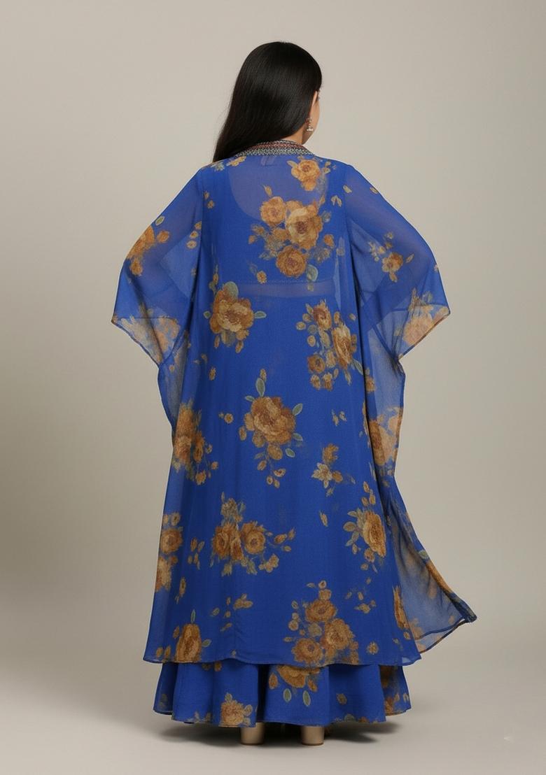Girls Blue Floral Print Crepe Fusion Set - Indya