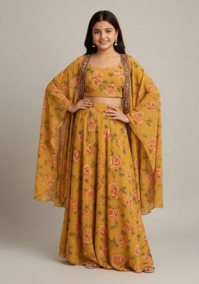 Girls Yellow Floral Print Crepe Fusion Set