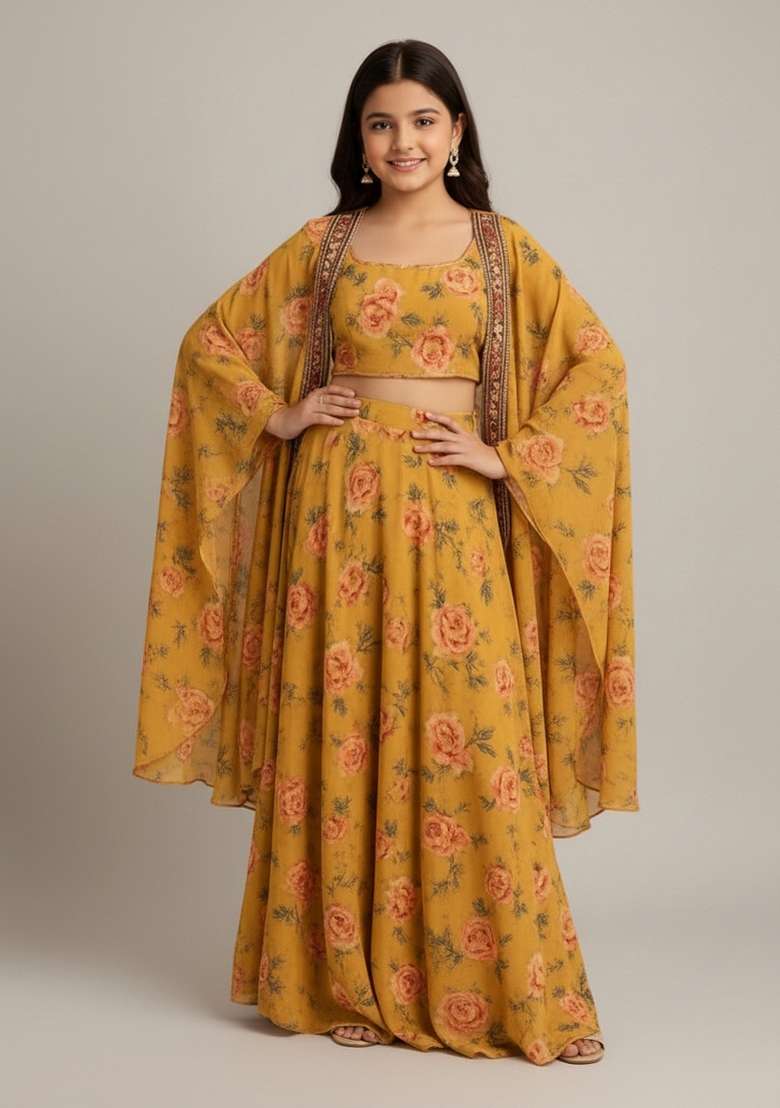 Girls Yellow Floral Print Crepe Fusion Set - Indya