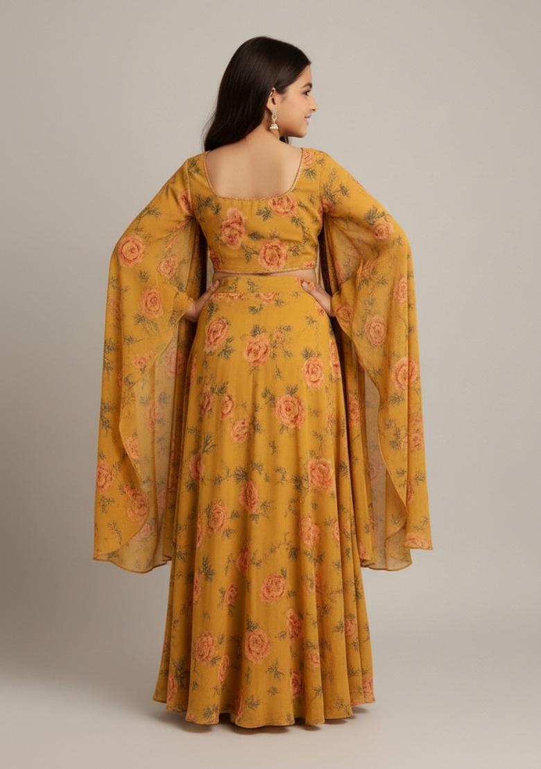 Girls Yellow Floral Print Crepe Fusion Set - Indya