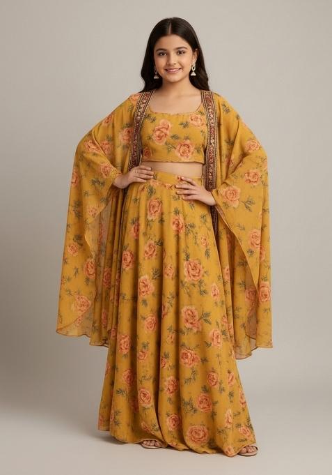 Girls Yellow Floral Print Crepe Fusion Set