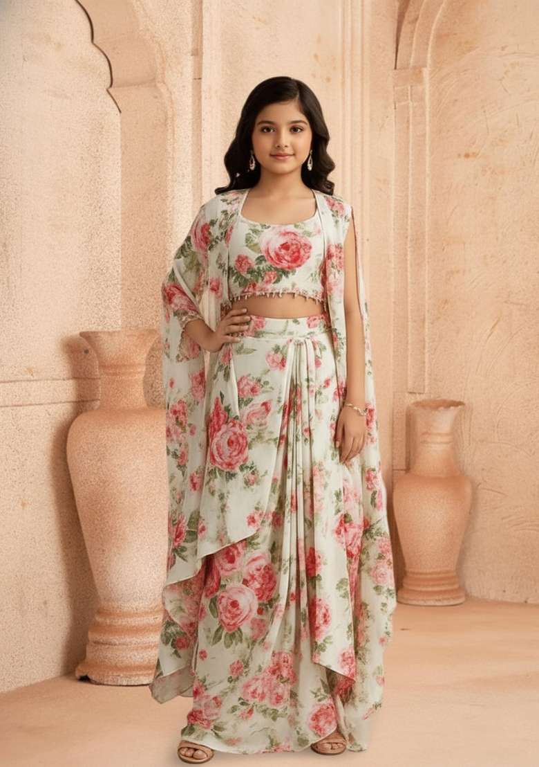 Girls Grey Floral Print Satin Fusion Set - Indya