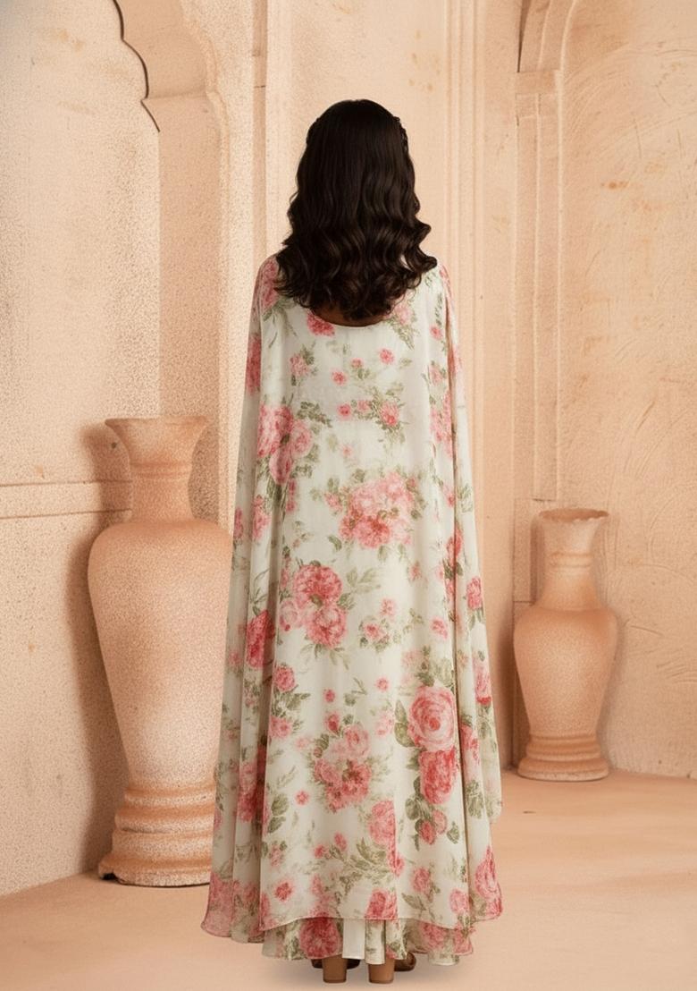 Girls Grey Floral Print Satin Fusion Set - Indya