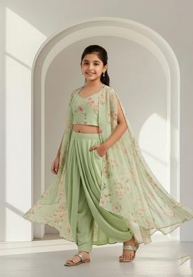Girls Green Floral Print Satin Fusion Set