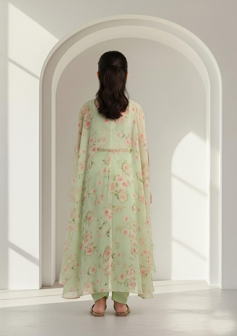 Girls Green Floral Print Satin Fusion Set - Indya