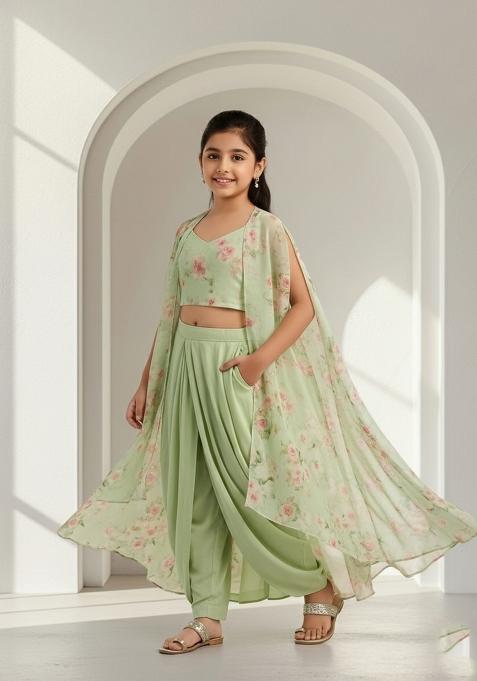 Girls Green Floral Print Satin Fusion Set