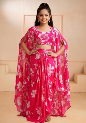 Girls Pink Floral Print Satin Fusion Set