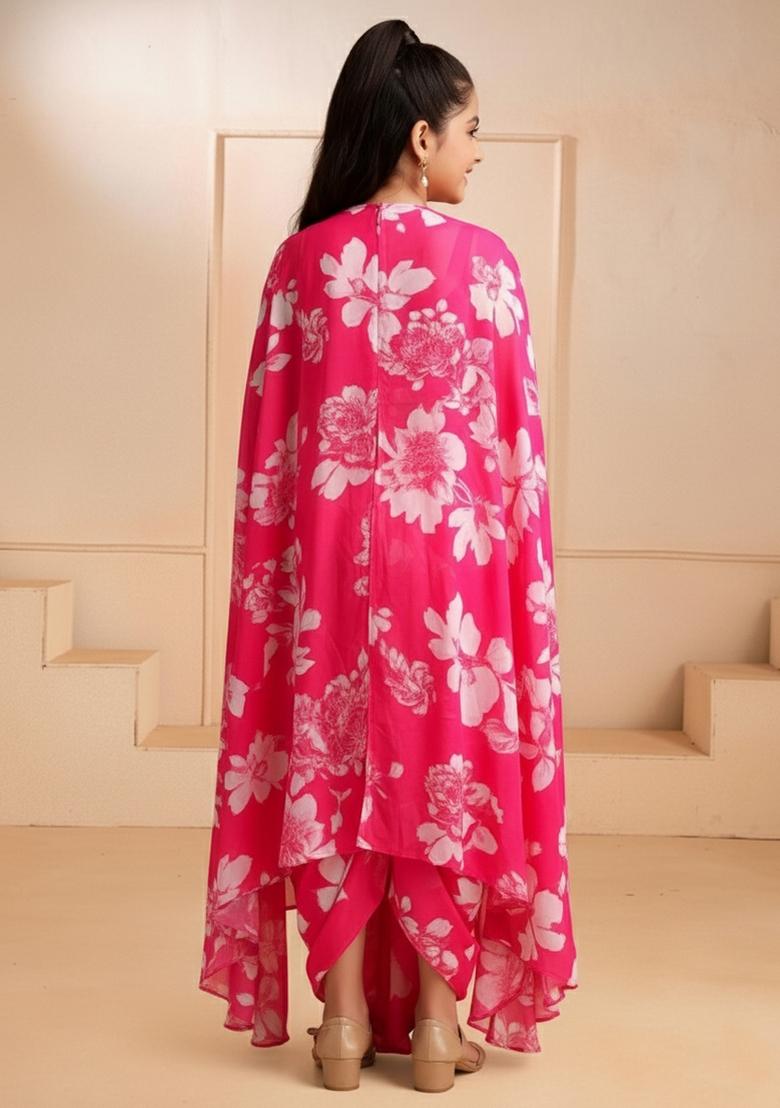 Girls Pink Floral Print Satin Fusion Set - Indya