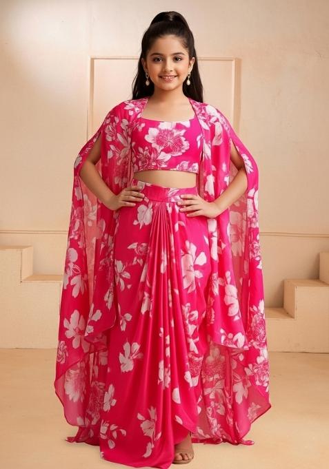 Girls Pink Floral Print Satin Fusion Set