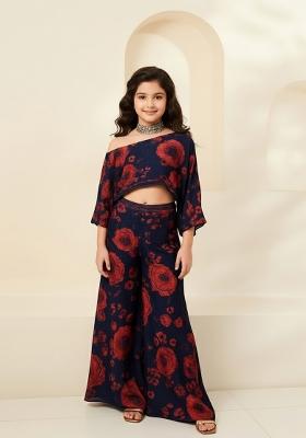 Girls Blue Floral Print Chiffon Fusion Set