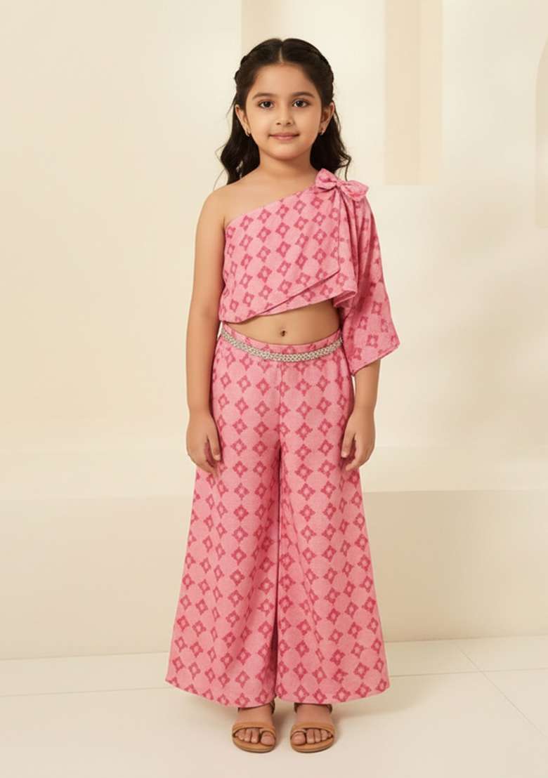 Girls Pink Figure Print Chiffon Fusion Set - Indya