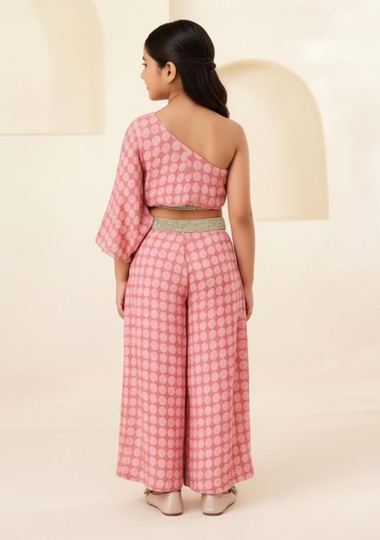 Girls Pink Figure Print Chiffon Fusion Set - Indya