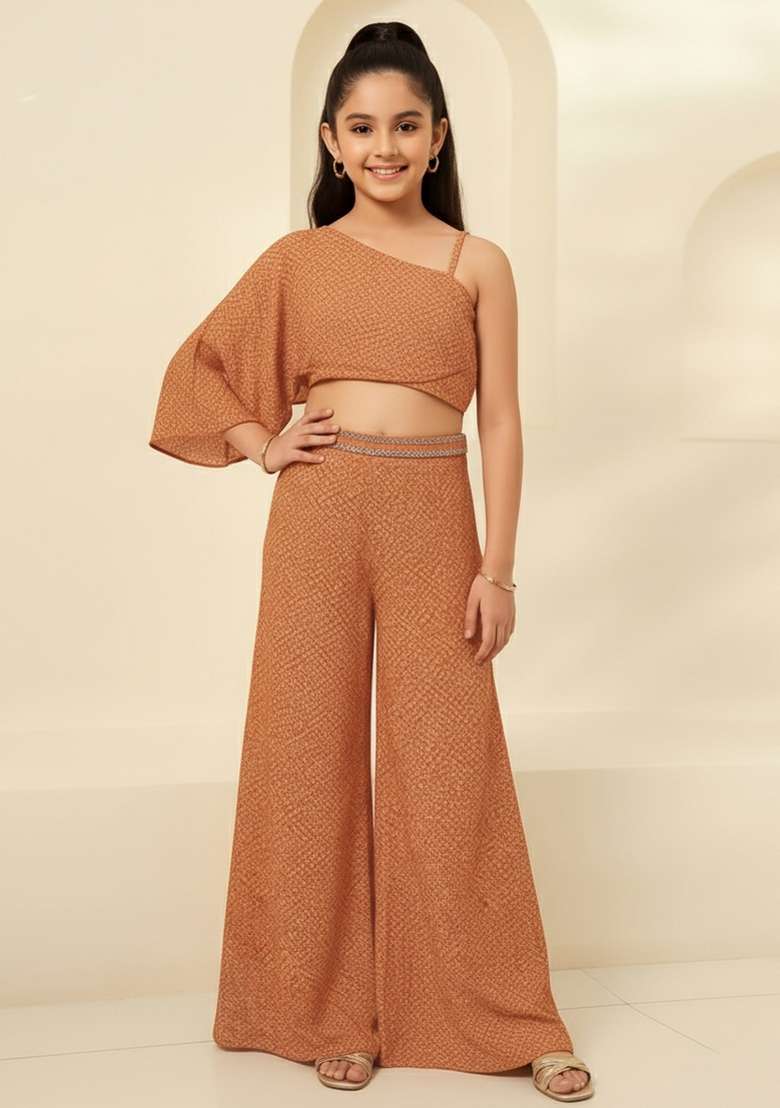 Girls Orange Abstract Print Chiffon Fusion Set - Indya
