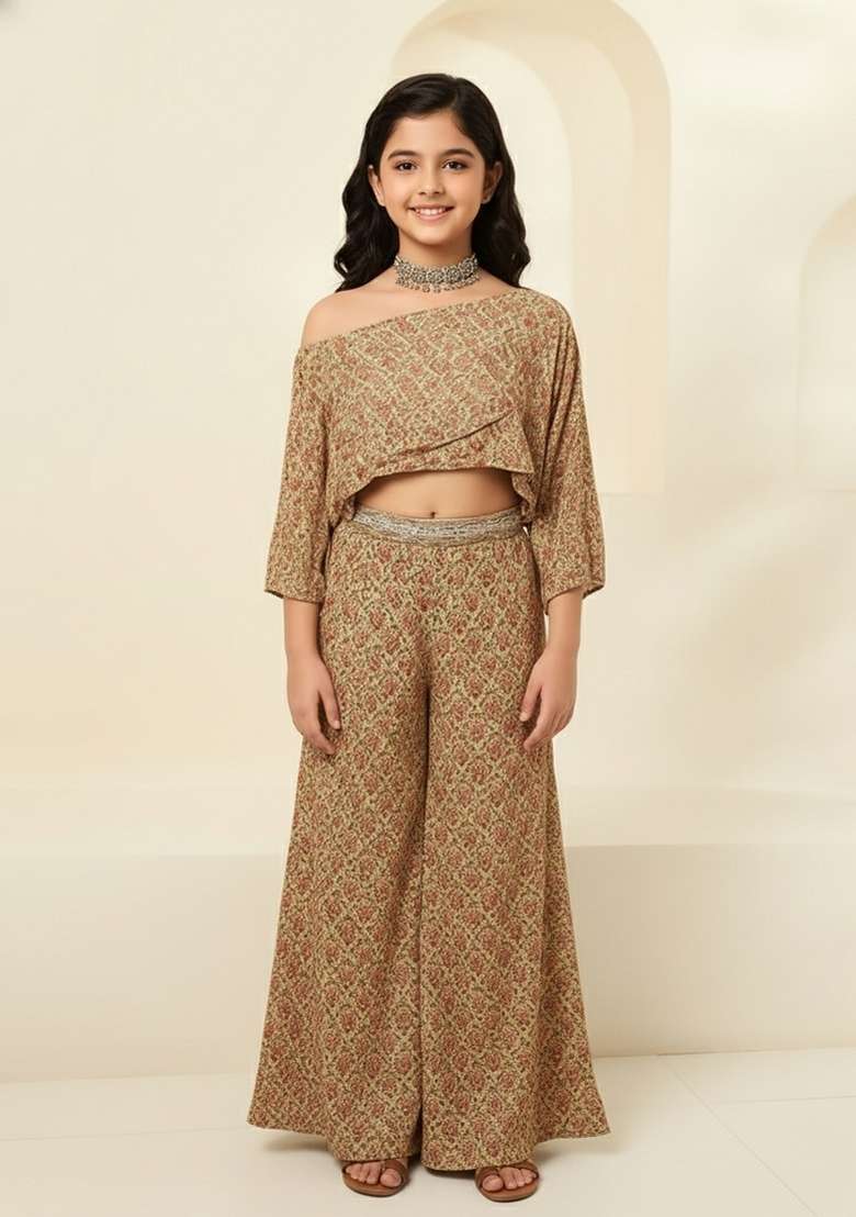 Girls Beige Floral Print Chiffon Fusion Set - Indya