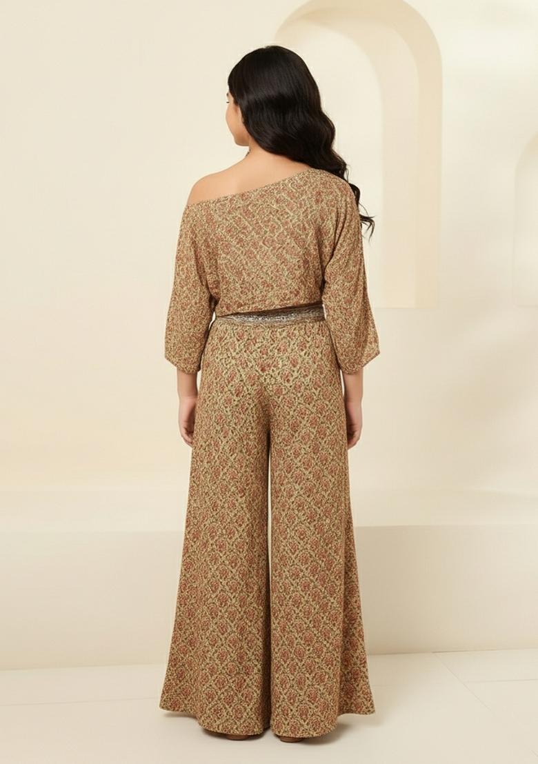 Girls Beige Floral Print Chiffon Fusion Set - Indya