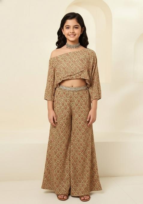 Girls Beige Floral Print Chiffon Fusion Set
